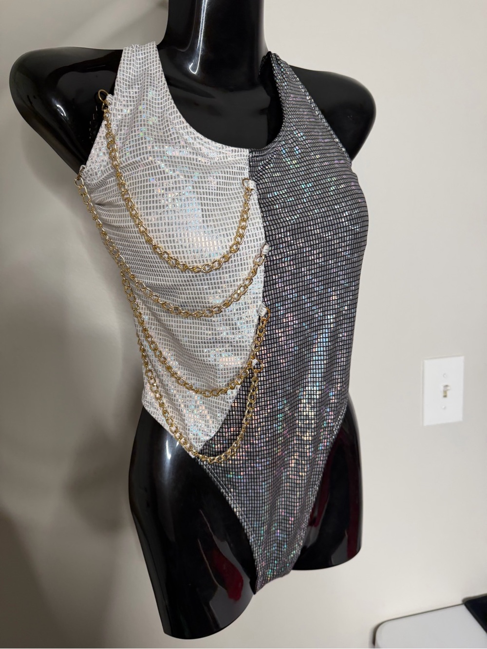 Two-Tone Sequin Chain Halter Bodysuit - Silver & White